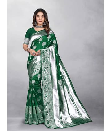 Gazal Fashions Banarasi Silk Embellished Saree With Unstitched Blouse Piece ( Navy Blue )