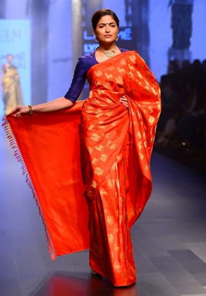 Classic Orange and Blue Silk Printed Sari J-82