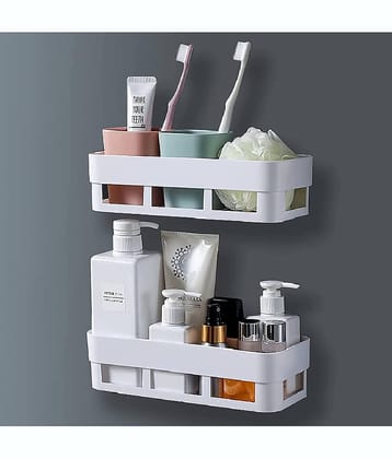 BLUE HOME AND KITCHEN Plastic Self Adhesive Wall Mounted Rectangular Bathroom Shelf Storage Organizer White (Pack Of 2)