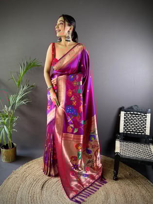Magenta Paithani Saree | Soft Silk Zari Motif Elegance