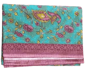 Light Green Cotton Saree with Pink Flowers