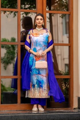 Royal Blue Color Embroidered Work Kurta With Trousers & Dupatta-XS