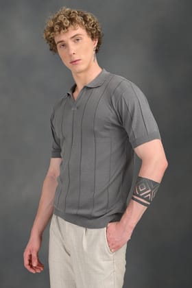 Grey Knitted Polo T-Shirt-M