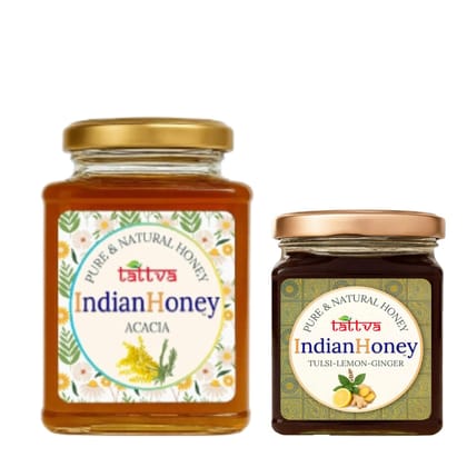 IndianHoney Rajasthan Acacia Honey & Warming & Anti-Inflammatory Ginger Infused Honey Combo Pack (500gm & 230gm) Rajasthan Acacia & Tulsi Lemon Ginger