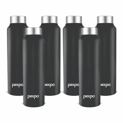 PEXPO Stainless Steel Fridge Water Bottle, 1000 ml, Pack Of 6, Knight Black, Chromo | Leak-Proof & Easy to Grip Water Bottle