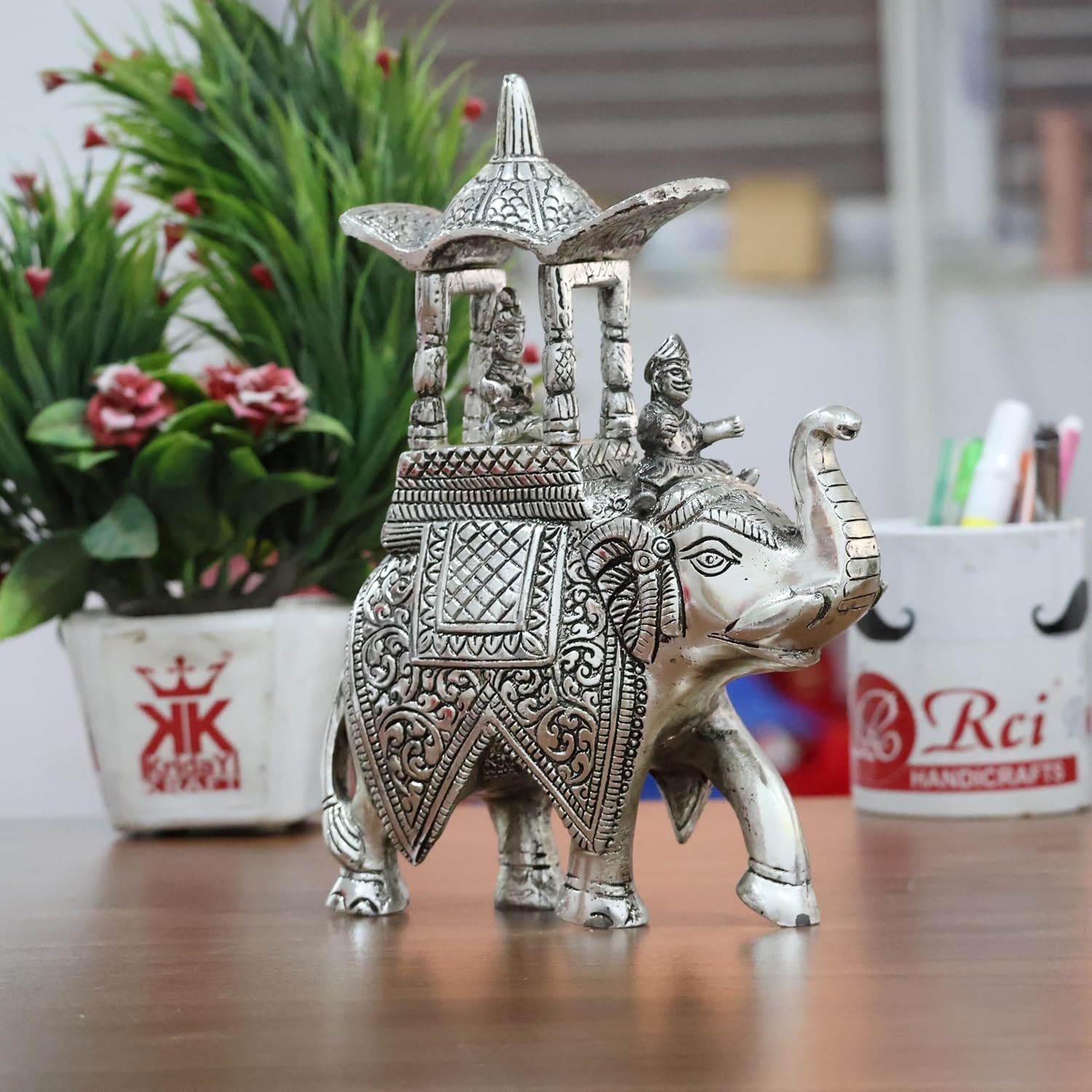Dreamkraft Decorative Metal Maharaj Ambari Rajasthani Rajwadi Elephant Showpiece Statue (Sliver, 18 X 6 X 24 CM)