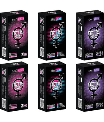 NottyBoy Pleasure Pack 4 IN 1 & 3 IN 1, Ribbed, Dotted, Contour, Extra Delay and Prolong Effect Condoms - 60 Units