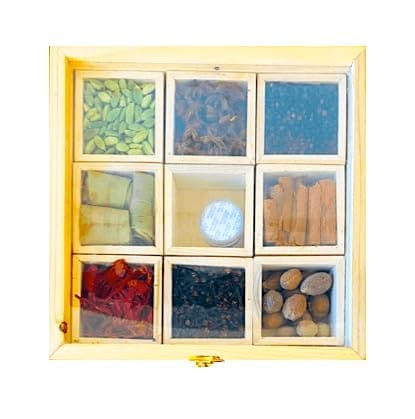 Kusha Exotic Wooden Gift Box � Premium Whole Cardamom, Cloves, Pepper, Nutmeg, Mace, Cinnamon, Star Anise & Saffron | Gourmet Gift Set (9 Items)