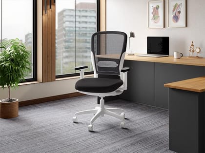 Motion Full Back Mesh Ergonomic Office Chair (Black Ink with White Body) (1-Year Warranty, Adjustable Armrest)