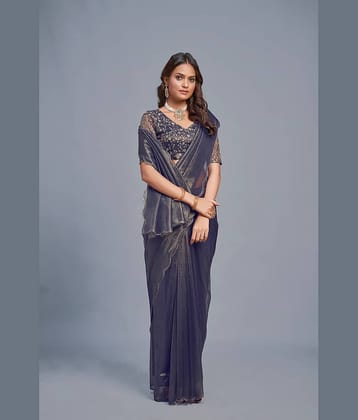 JULEE Organza Solid Saree With Unstitched Blouse Piece ( Navy Blue )