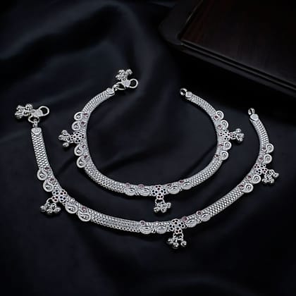 Real Silver Indian Wedding Wear Women CZ Anklets Ankle Pair 10.3"