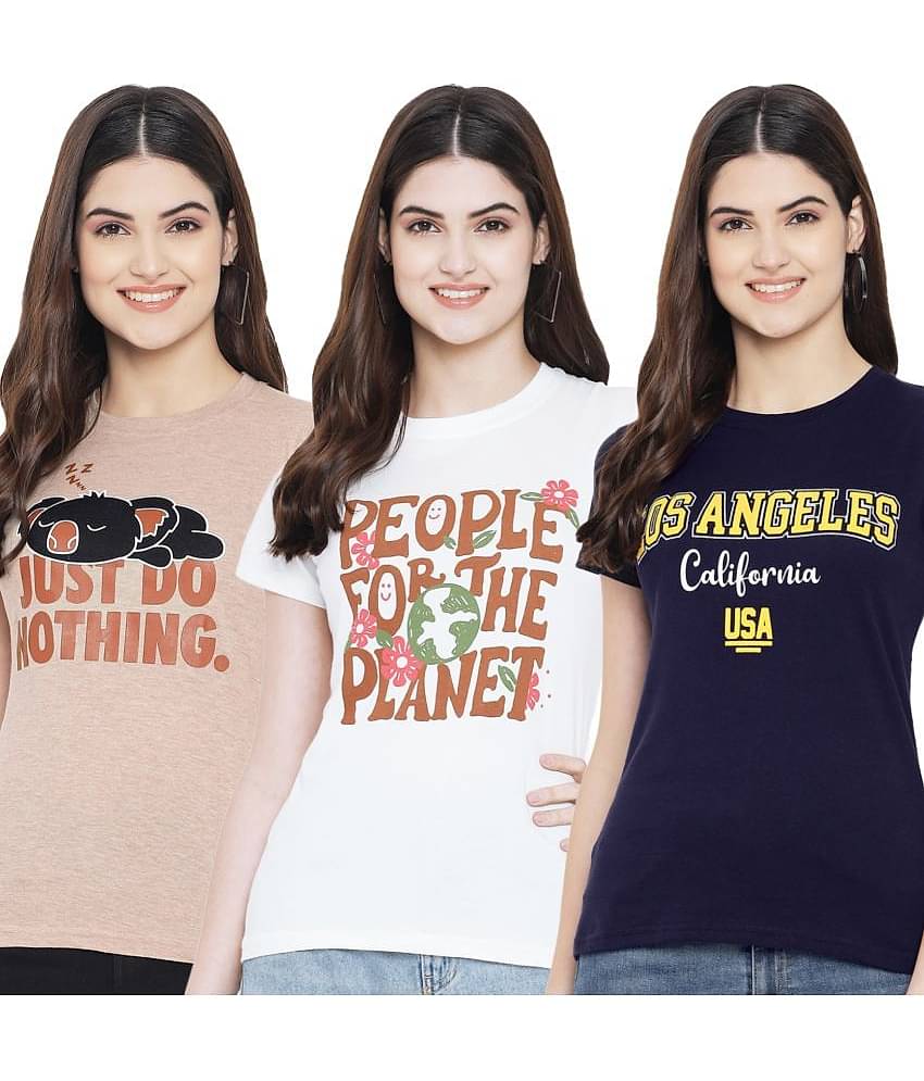 Fabflee Women Cotton Blend Printed Regular Fit Round Neck T-Shirt ( Multi Color )