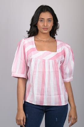 Top for women stylish and trending printed Cotton Light Pink Striped Top With Square Neck (OTL-TPS1075)-Pink / S