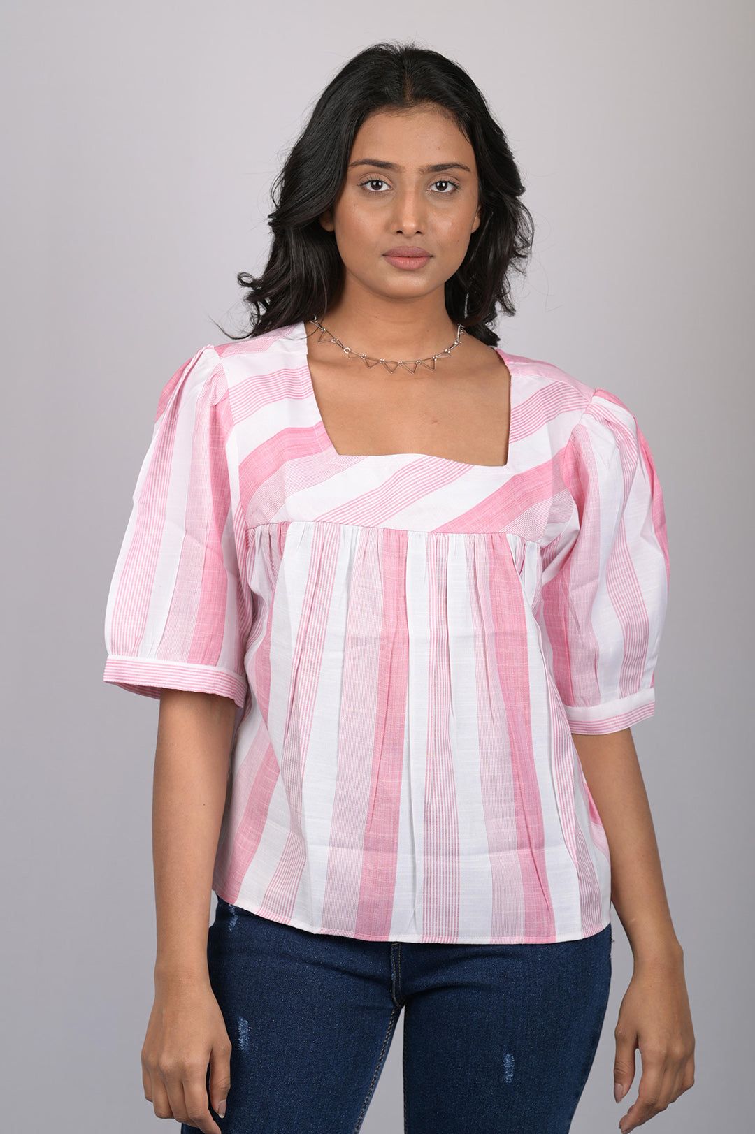 Top for women stylish and trending printed Cotton Light Pink Striped Top With Square Neck (OTL-TPS1075)-Pink / S