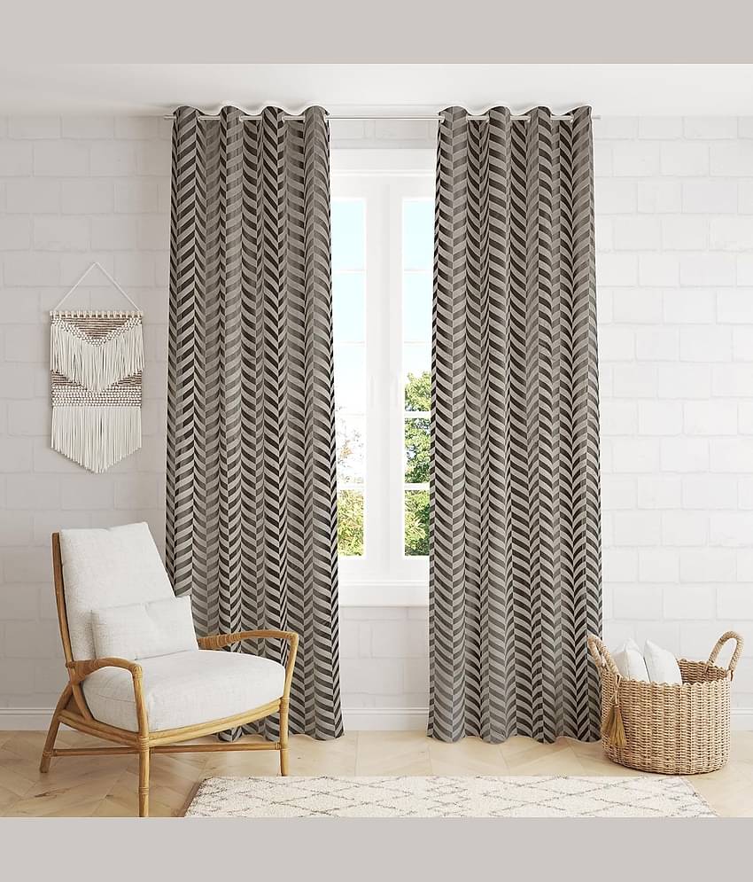 Kraftiq Homes Geometric Room Darkening Eyelet Curtain 7 ft ( Pack of 2 ) - Light Grey