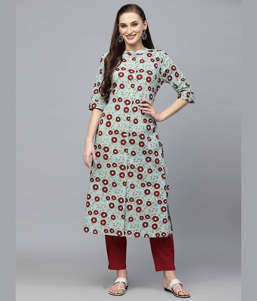 Stylum Cotton Printed Front Slit Women's Kurti - Turquoise ( Pack of 1 )