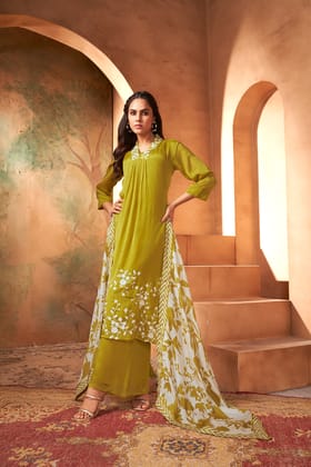 Elegant Three-Piece Ensemble in Luxe Chinon Fabric with Exquisite Embroidery-Yellow / L