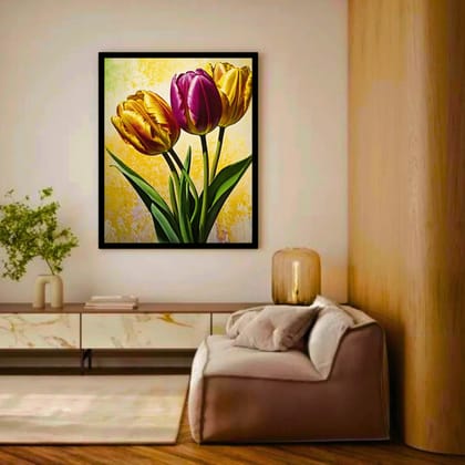 Luminary Sunrise Trio – Golden Tulip Harmony Museum-Quality Cotton Canvas Art for Dining Room Décor | Frame Size (69 X 97 Cm) | Frame Type (Black) | 5-Year Warranty