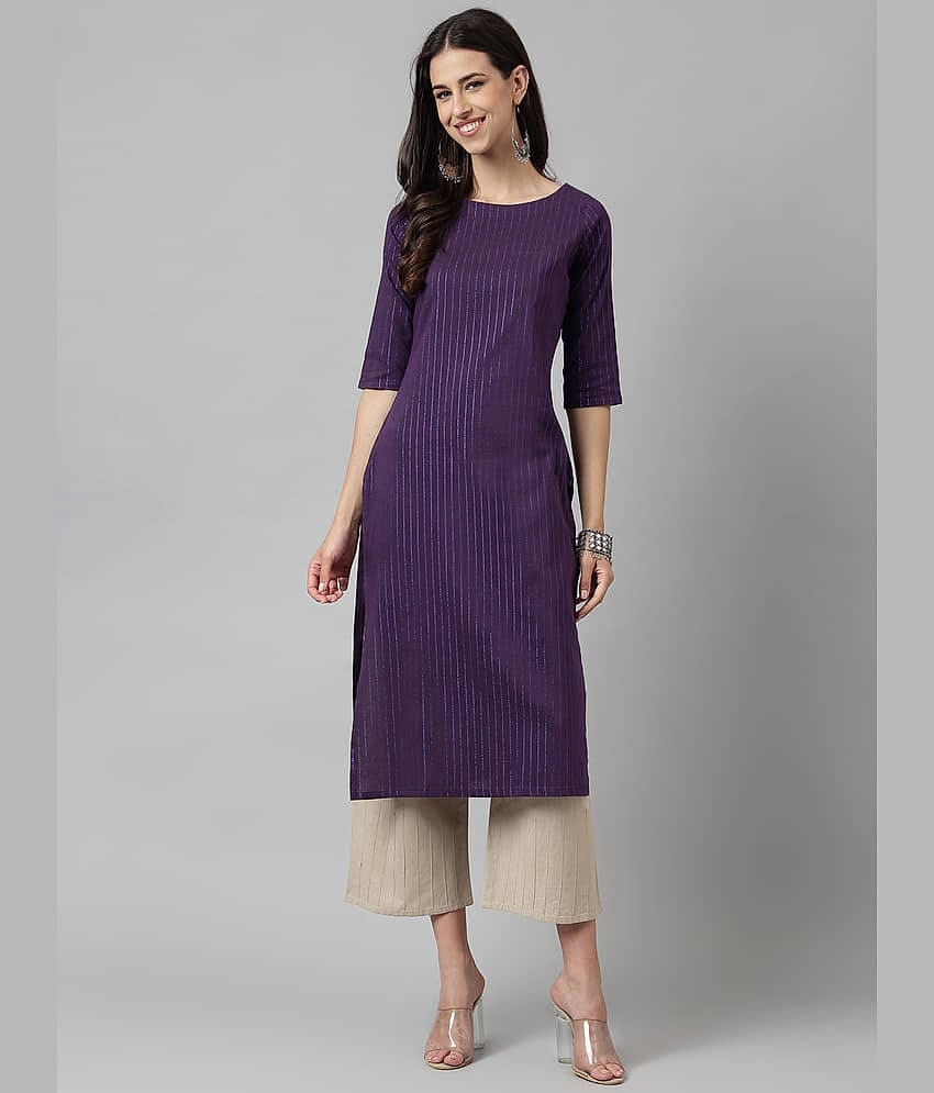 Hritika Cotton Blend Striped Straight Women's Kurti - Purple ( Pack of 1 )