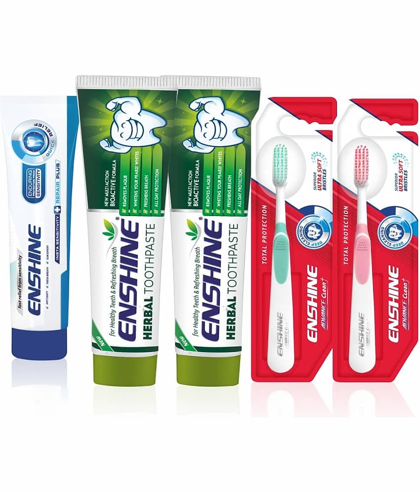 Enshine Herbal Toothpastes 100g, Sensitivity Toothpaste (50g), and 2Pc Advanced Plus Toothbrushes