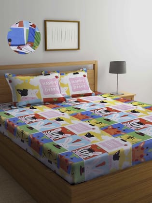 Muilticolour Printed 300 TC Fitted King Bedsheet with 2 Pillow Covers