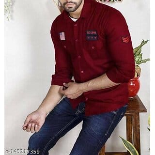 Fashlook Solid Curved Collar Regular Fit Cotton Blend Casual Maroon Shirt For Mens