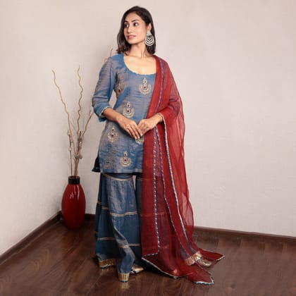 Indigo blue hand embroidered tissue sharara set-XS