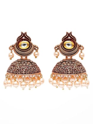 Antique Gold Plated Polki Kundan Studded Maroon Meena Jhumki Earrings for Women