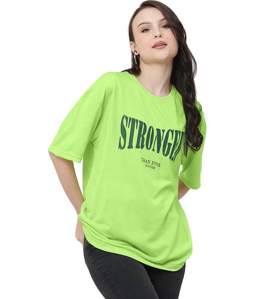 Leotude Women Cotton Blend Printed Oversized Fit Round Neck T-Shirt ( Green )