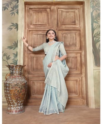 Women's Organza Printed Saree with Unstitched Blouse (Sky Blue, 5-6 Mtrs)