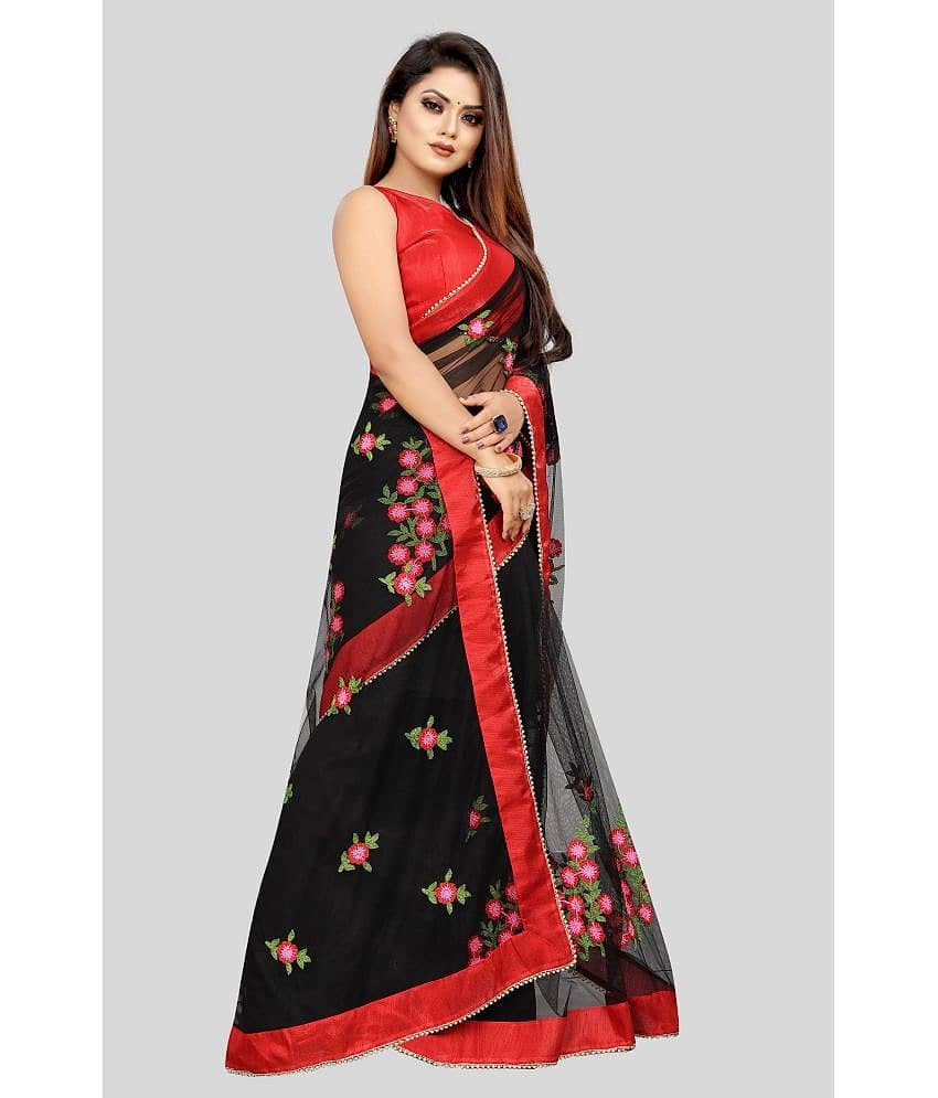Gazal Fashions Net Embroidered Saree With Unstitched Blouse Piece ( Black )