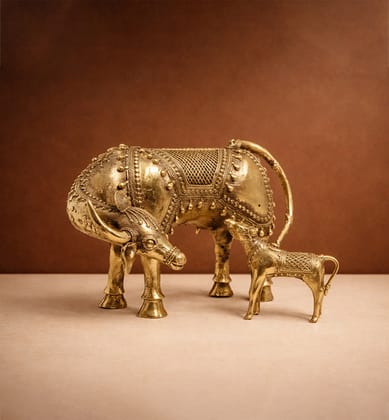 Handcrafted Brass Cow and Calf Sculpture – Traditional Bhareva Bell Metal Figurine