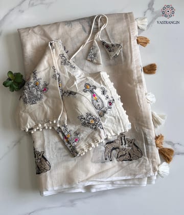 New Chanderi Cotton Embroidery n Tussels Work Fancy Designer Festive Wear Saree With Stitched Blouse-OFFWHITE-1
