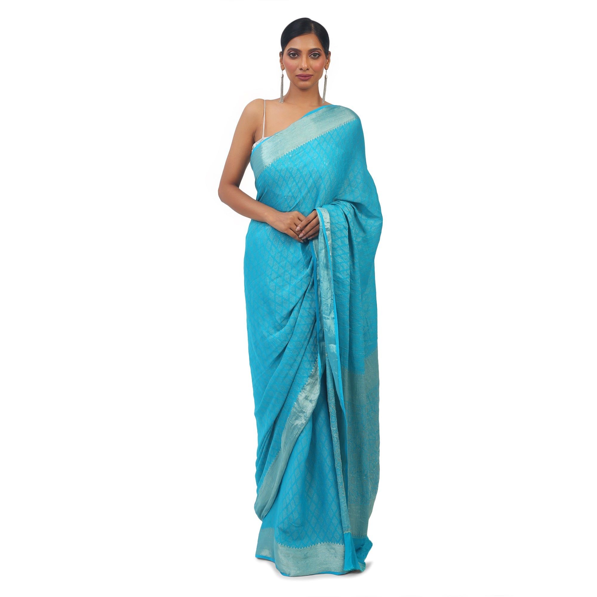 TheHangr Soft Georgette Designer Sky Blue Saree With Silver Work