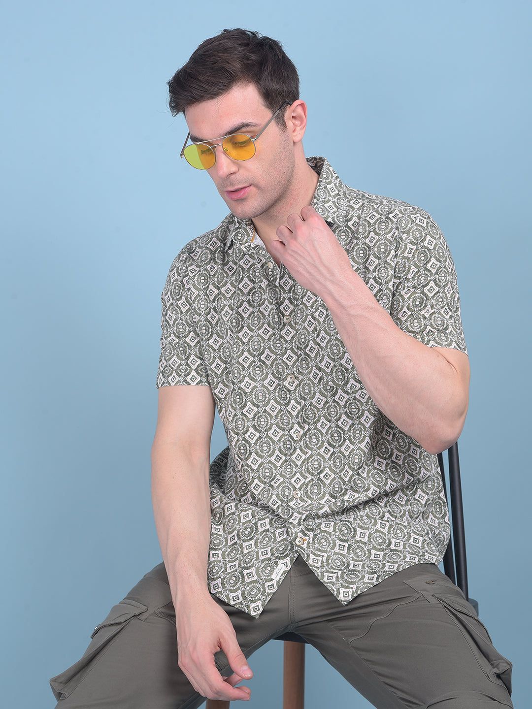 Printed Olive 100% Cotton Shirt-3XL / Olive