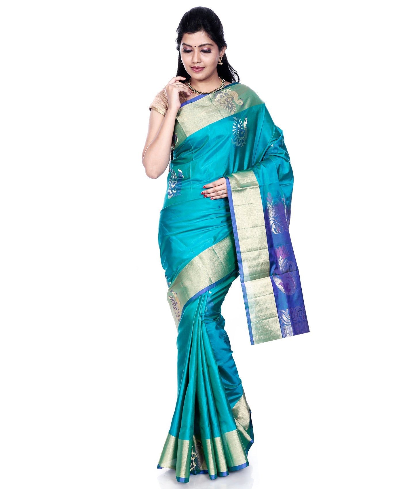 Teal Kanchipuram Silk Saree with Anna Pakshi motifs