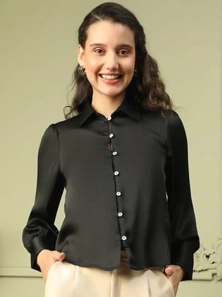 Brandish Solid Black Collared Long Sleeve Button Down Women Satin Shirt-S