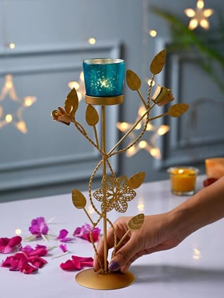 VON CASA Blue Leaf Shape T-Light Holder