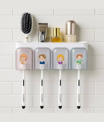 2 In 1 Plastic Brush Holder With 4 Cup /4 Slot Organizer with Cute Cartoon Covers Set Of 1
