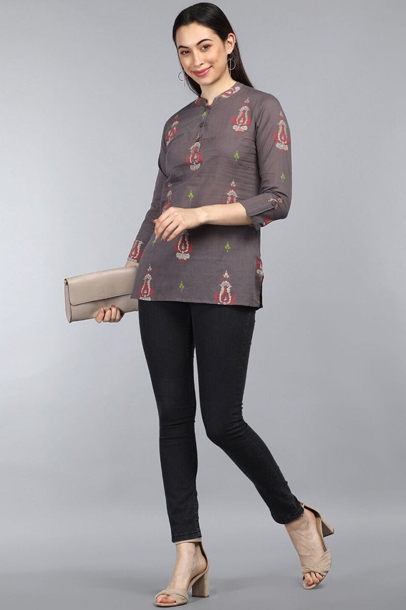 Taupe Cotton Ethnic Motifs Regular Tunic Top VT1102