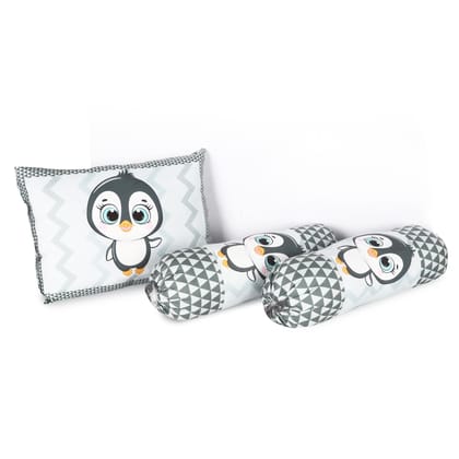 LOREM Grey 3 Pillows & Rectangle Shape Penguine Print Cotton Baby Bed for 0-1 Year BB108