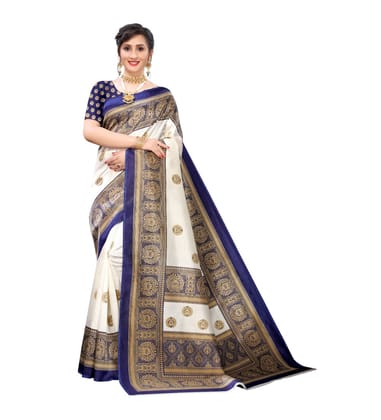 Women's Art Silk Printed Saree with Unstitched Blouse (Navy Blue, 5-6 Mtrs)
