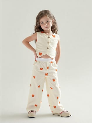 Girl's Orange Embroidered Khadi Cotton Co-Ord Set [GCS-7484] (1-12 Years)-1-2Y (Size - 18) / Cotton