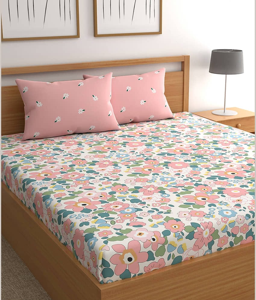 CG HOMES Cotton Floral 1 Double Bedsheet with 2 Pillow Covers - Pink