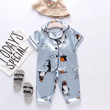 Printed Sky Blue Satin Co-ord Set for Boys and Girls-1-2 year
