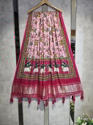 Rani Kalamkari Gaji Silk Hand Work Dupatta With Tassels