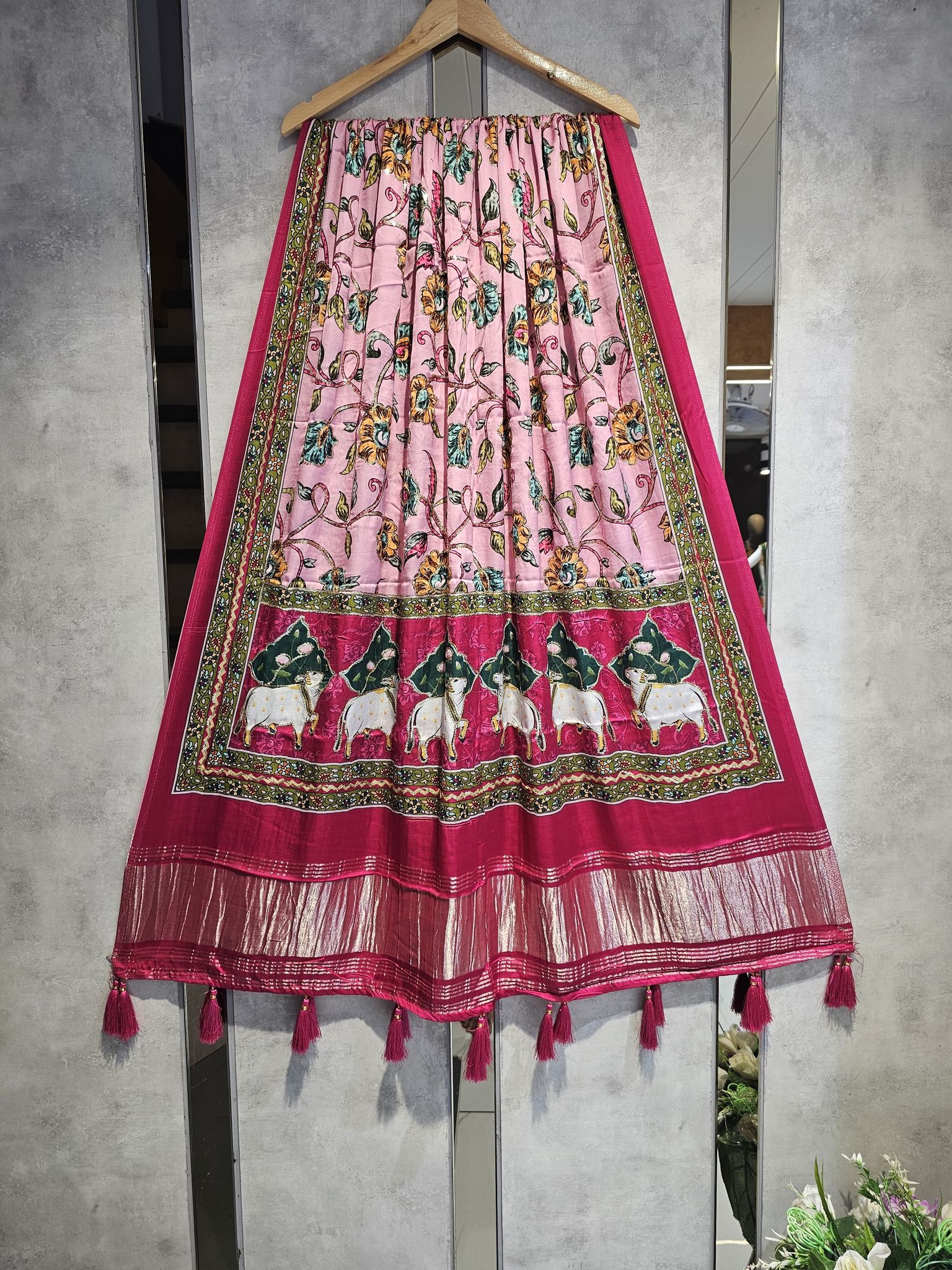 Rani Kalamkari Gaji Silk Hand Work Dupatta With Tassels