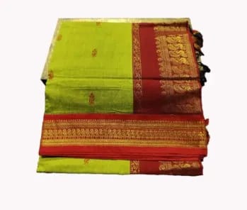 Paithani Silk Cotton Saree Lemon Green & Red