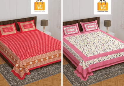 2201-Hometrade India- Standard Double Size (90*100 in )-Combo Jaipuri Double bedsheet With Matching Pillow Cover