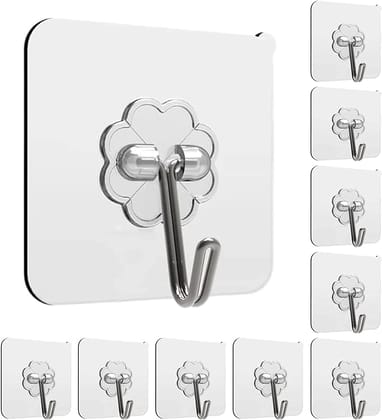 Rudra Adhesive Stronger Plastic Wall Hooks Hangers, Waterproof Stick for Kitchen Bathroom Shower Door Outdoor Home Improvement Utility Hook -10 Pcs Transparent
